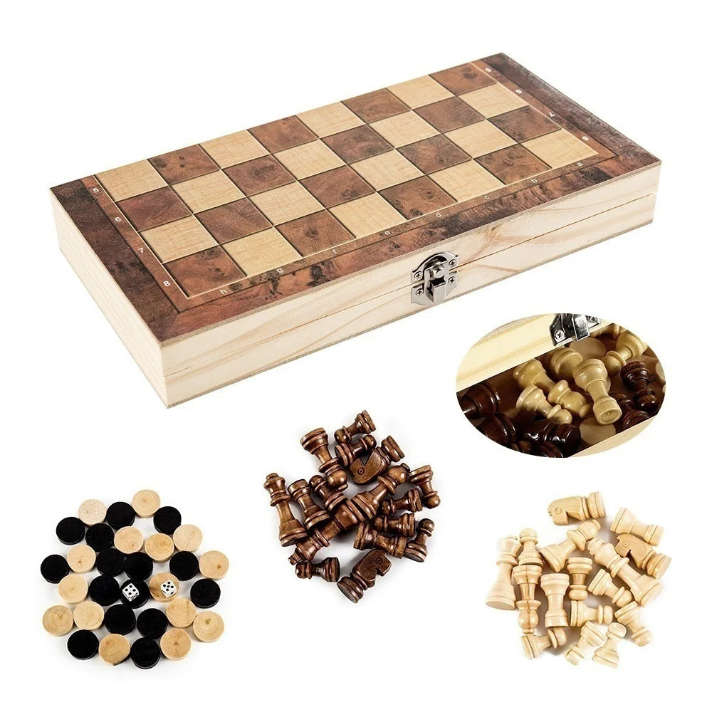 New Arrival 3 in 1 Wooden International Chess Set Foldable Chessboard Brain Training Toy Premium Pieces 