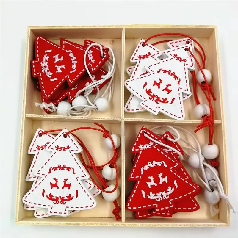 Ensemble 12 Pendentifs de Noël en bois, cloche, flocon, élan et étoile, décorations suspendues pour sapin