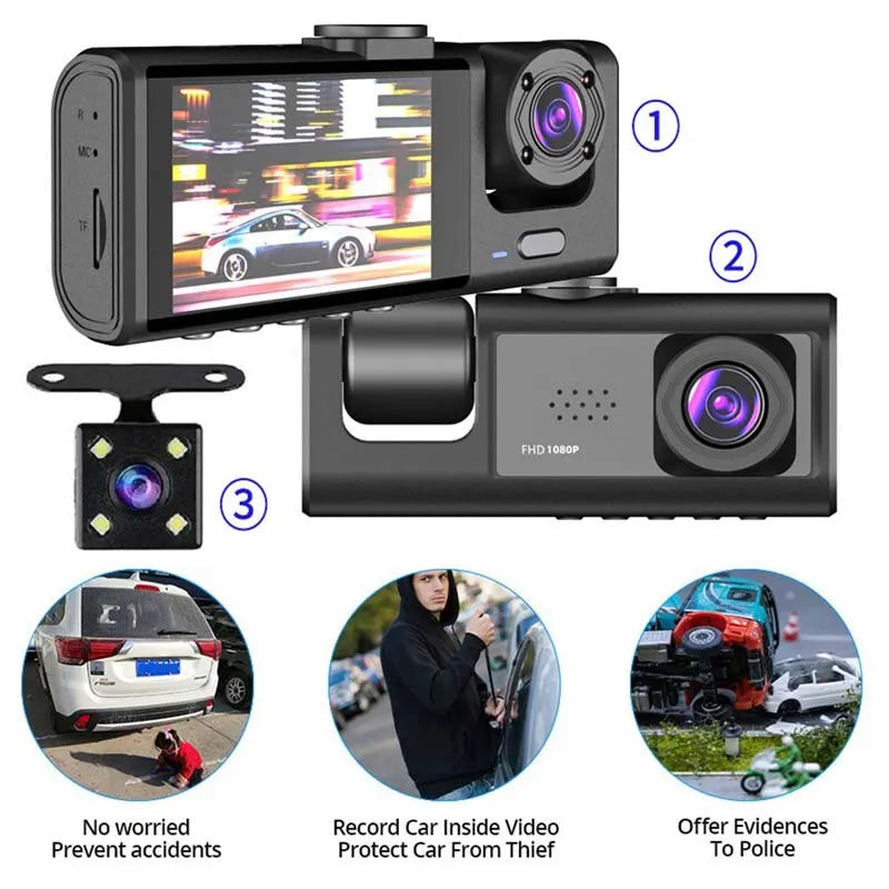 Dashcam Voiture 3 Caméras – HD, Vision Nocturne Simple, Écran 2", Enregistrement en Boucle
