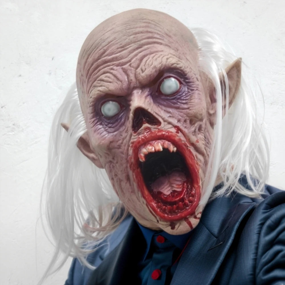 Cheveux blancs tête chauve de Zombie morte Costume d'Halloween masque facial en caoutchouc grammes de Vampire sanglant pour adultes