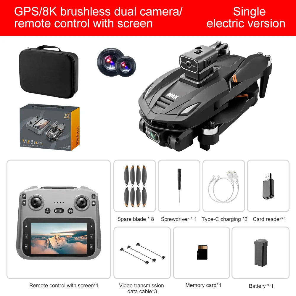 Drone V168 Max Drone 8K – GPS 5G, double caméra, pliable, grand écran, quadrirotor RC professionnel