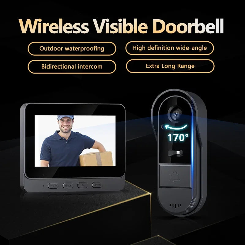 Tuya Wireless Video Doorbell, HD Night Vision Intercom 4.3in IPS Screen Waterproof Doorbell Camera Smart Home Security Video 