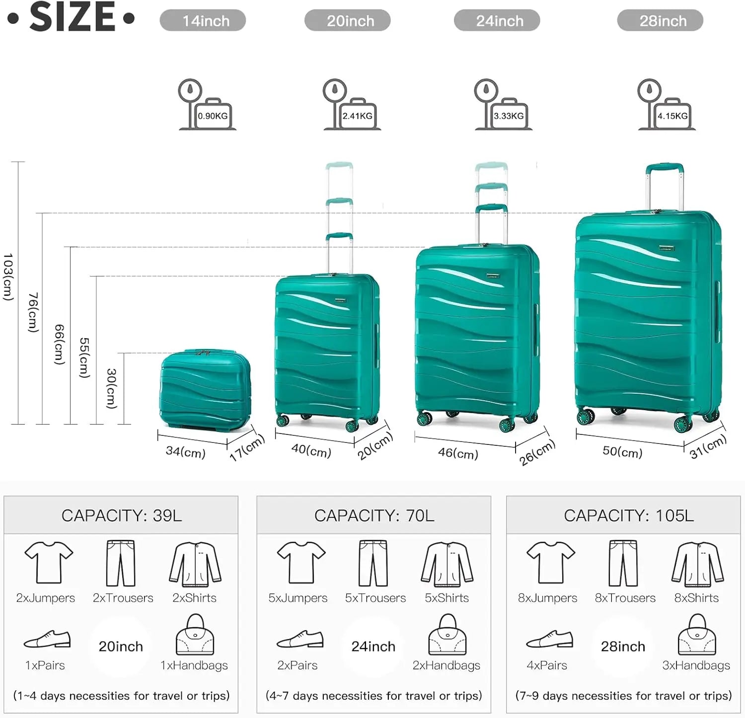 Valise rigide à roulettes légère en polypropylène avec serrure TSA KONO – M, L, XL, ensembles 2, 3 ou 4 pièces