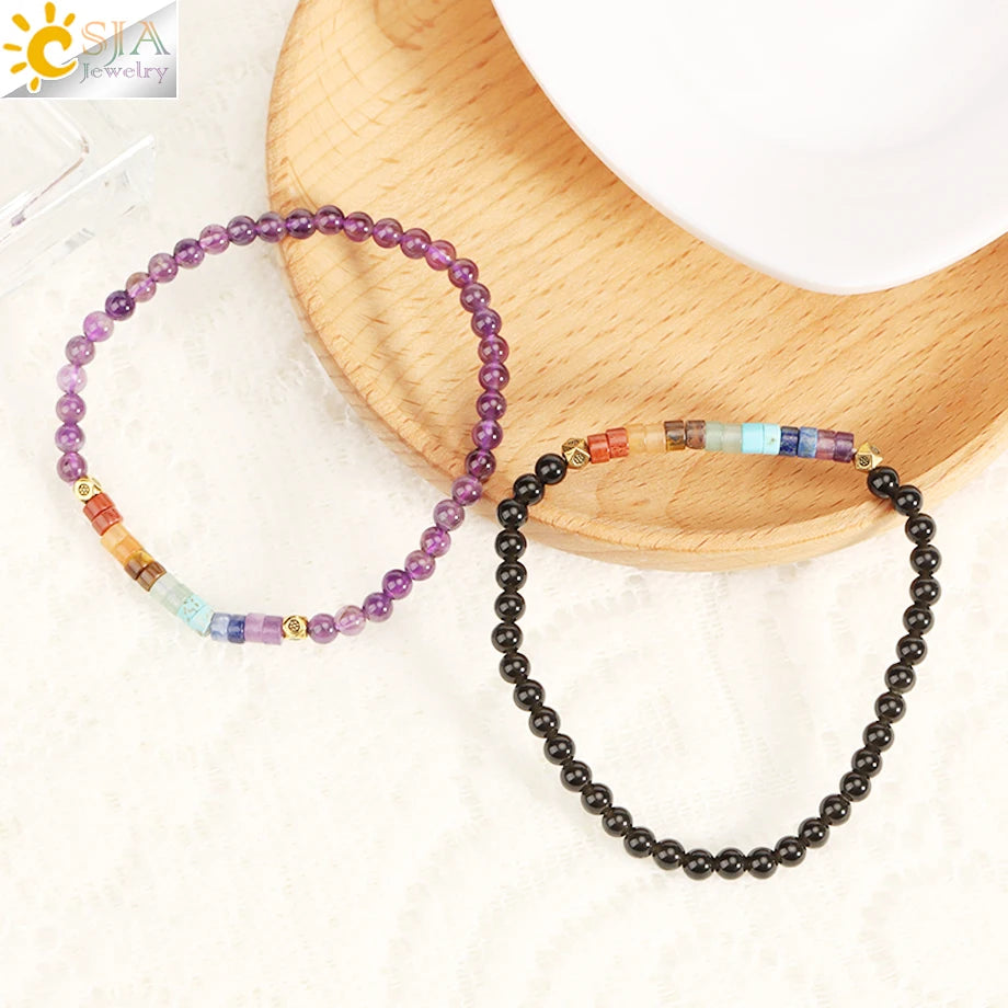 7 Chakra Natural Stone Bracelet for Women, 4mm Mini Beaded Bangle, Rose Quartz Crystals, h393 