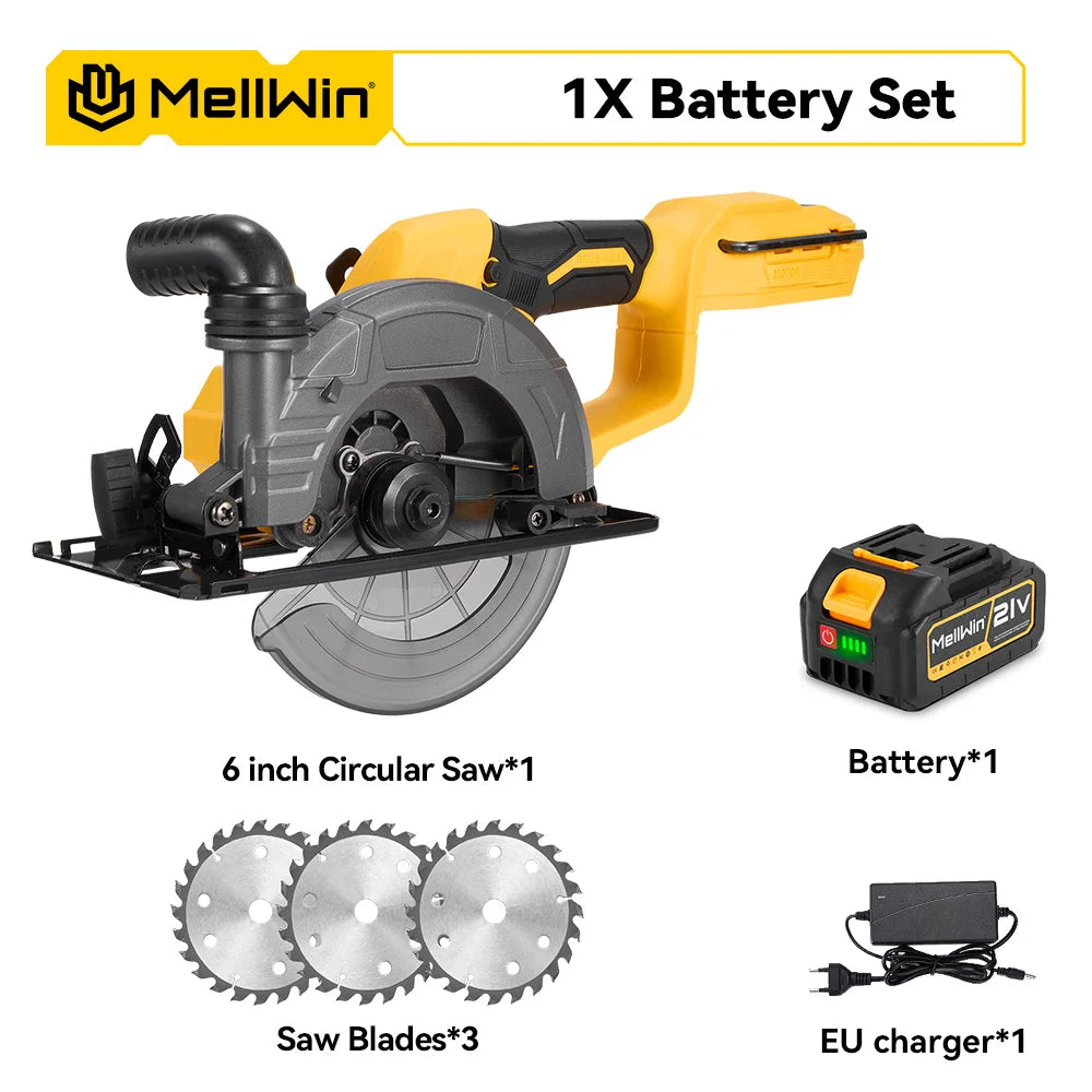 Scie circulaire électrique sans balais MELLWIN 150 mm – Outil multifonction portable pour bois, PVC, MDF et plus, compatible Makita 18 V