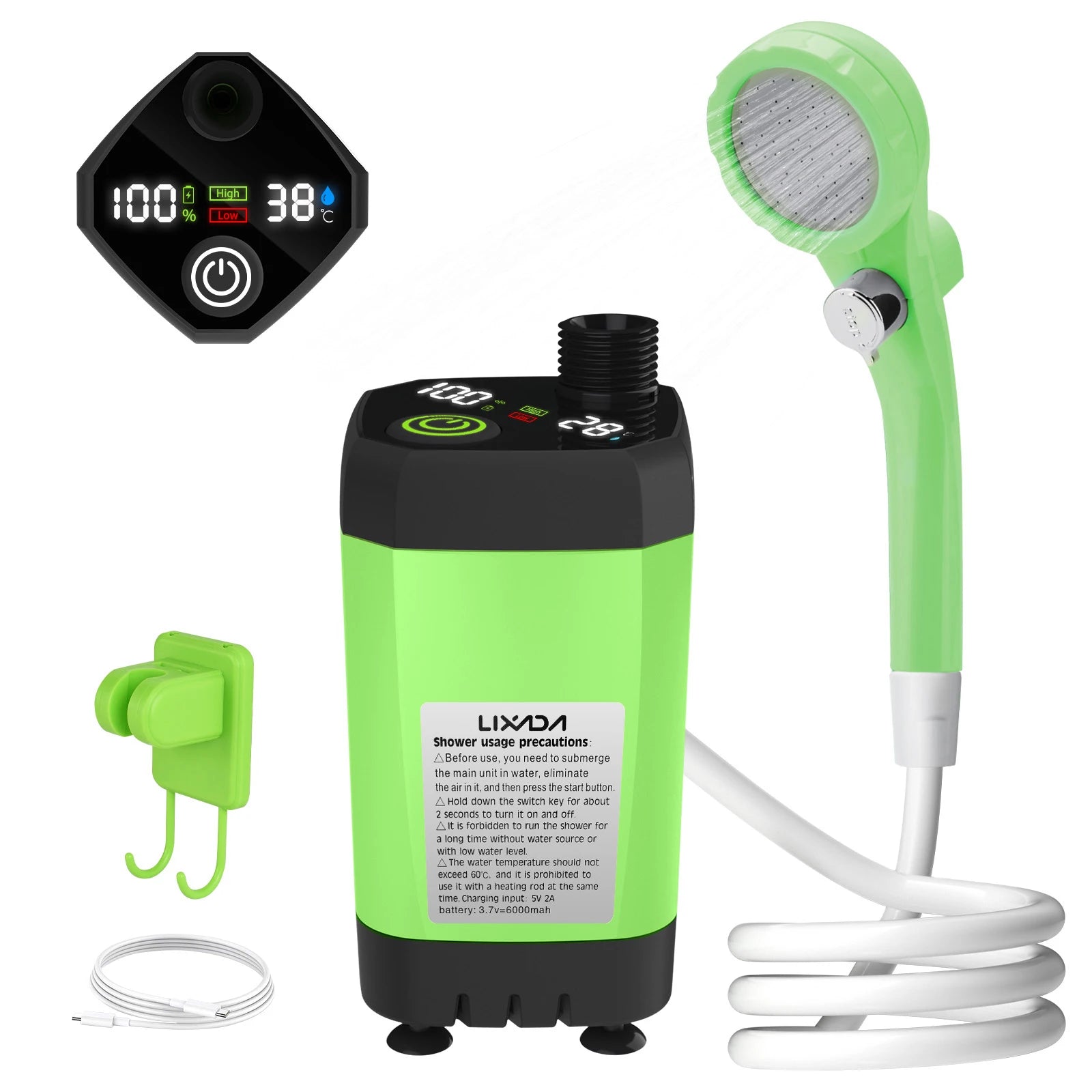 Camping Shower Pump, Outdoor Shower Kit, with Full Screen, Intelligent Digital Display, Adjustable, 6000mAh 