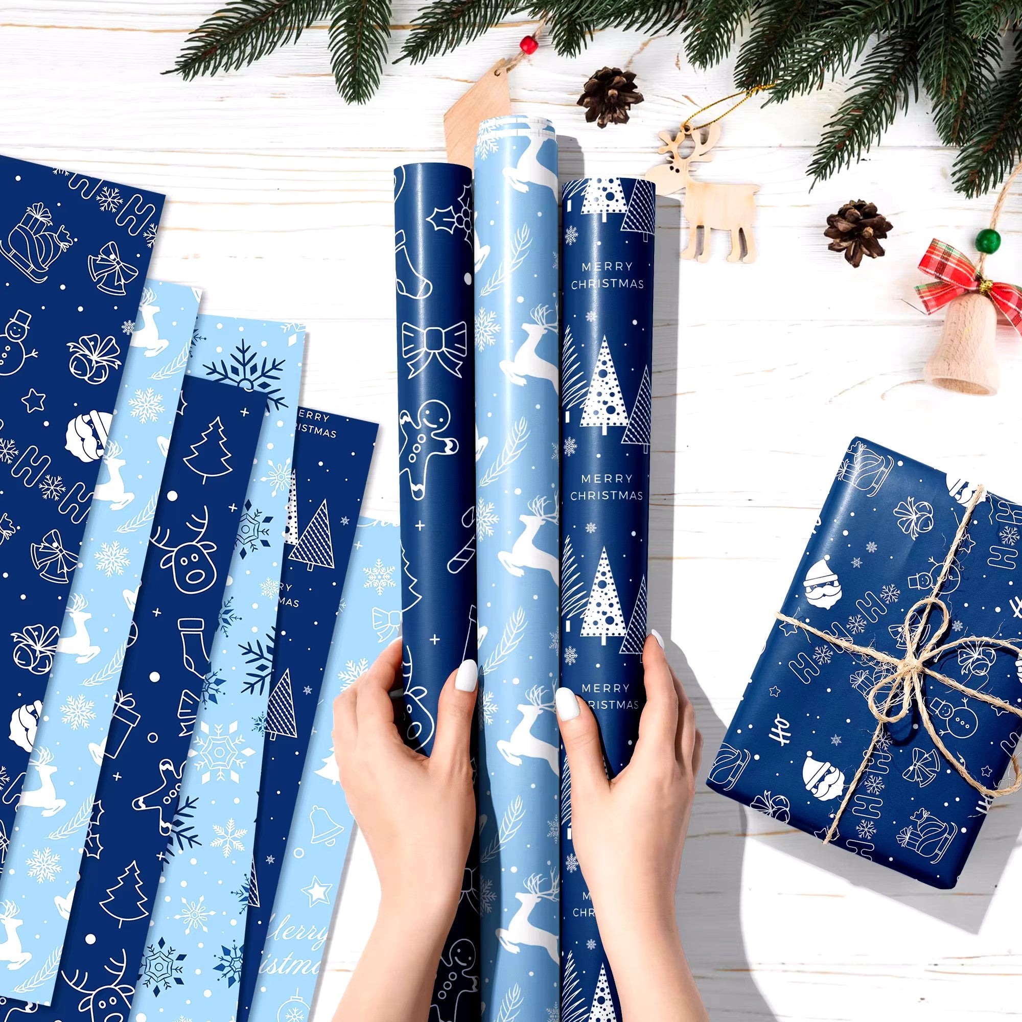 12pcs Blue Snowflake Christmas Tree Deer Theme Wrapping Paper Christmas Party Gifts Decorative Packaging Craft Papers 