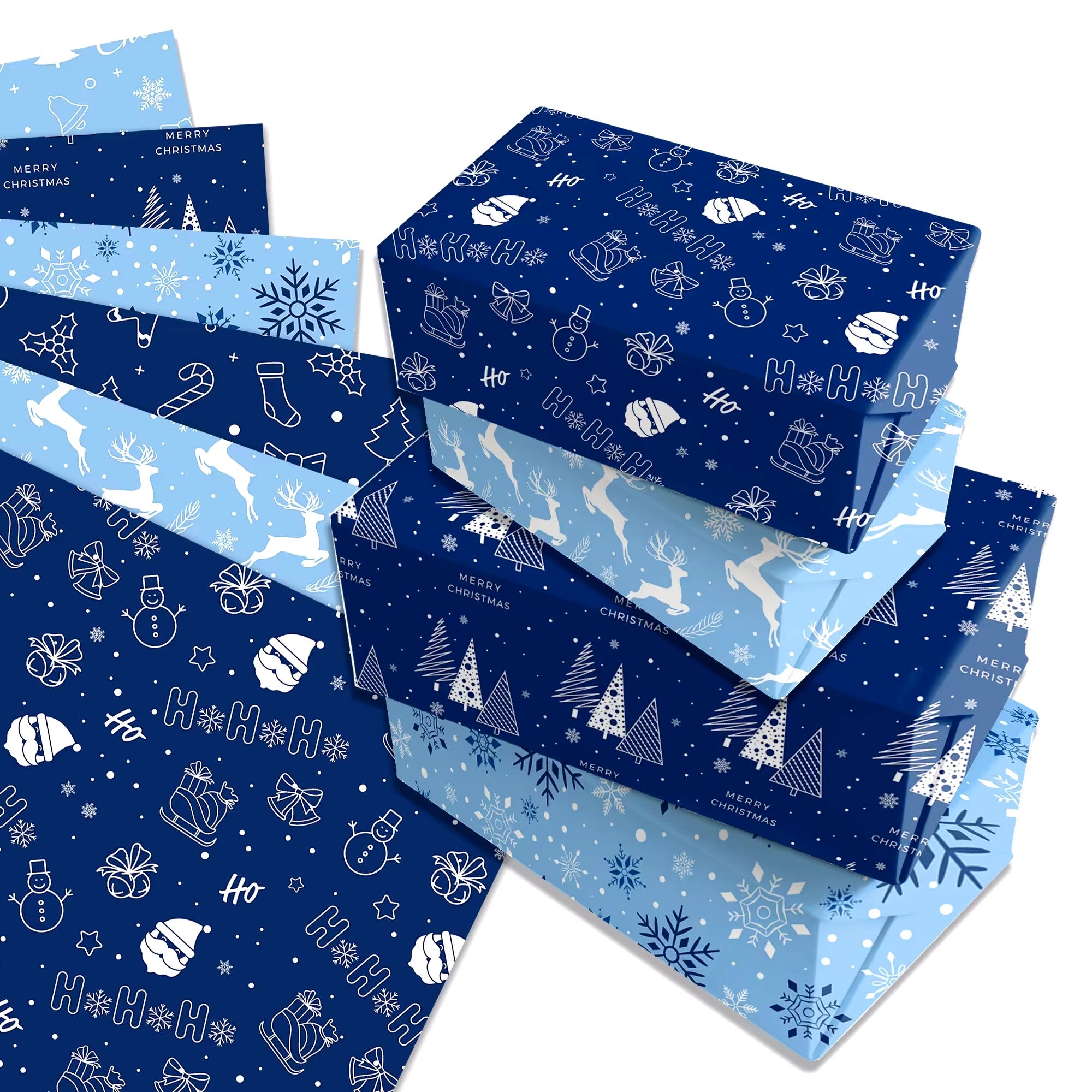 12pcs Blue Snowflake Christmas Tree Deer Theme Wrapping Paper Christmas Party Gifts Decorative Packaging Craft Papers 