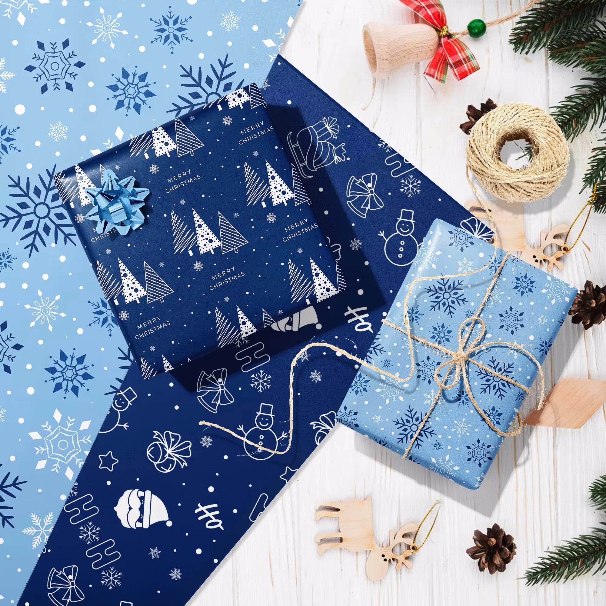 12pcs Blue Snowflake Christmas Tree Deer Theme Wrapping Paper Christmas Party Gifts Decorative Packaging Craft Papers 